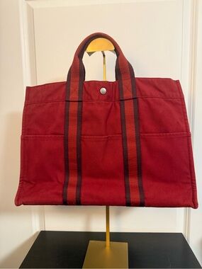 Hermes Fourre Tout Red Canvas Tote Bag with Striped Handles